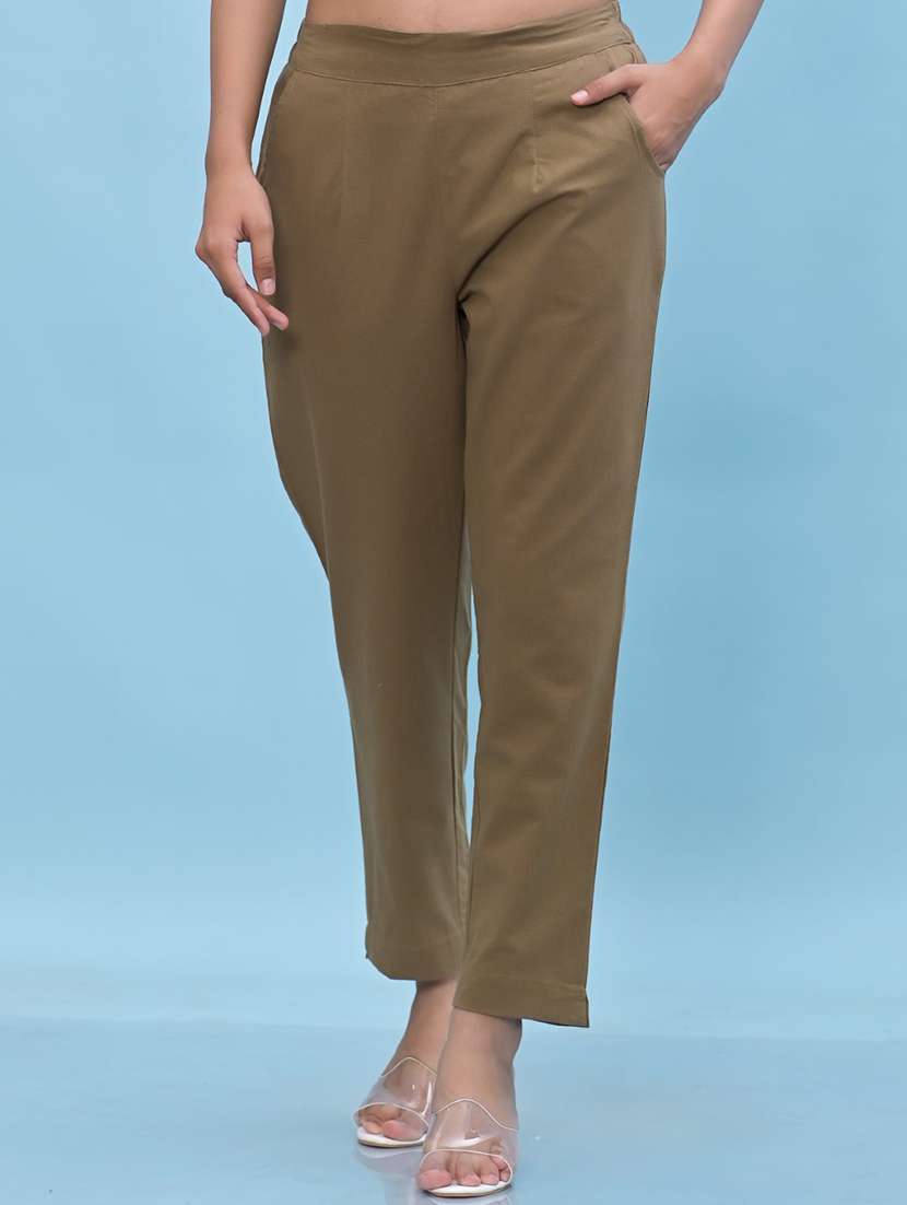 women brown cotton cigarette pants
