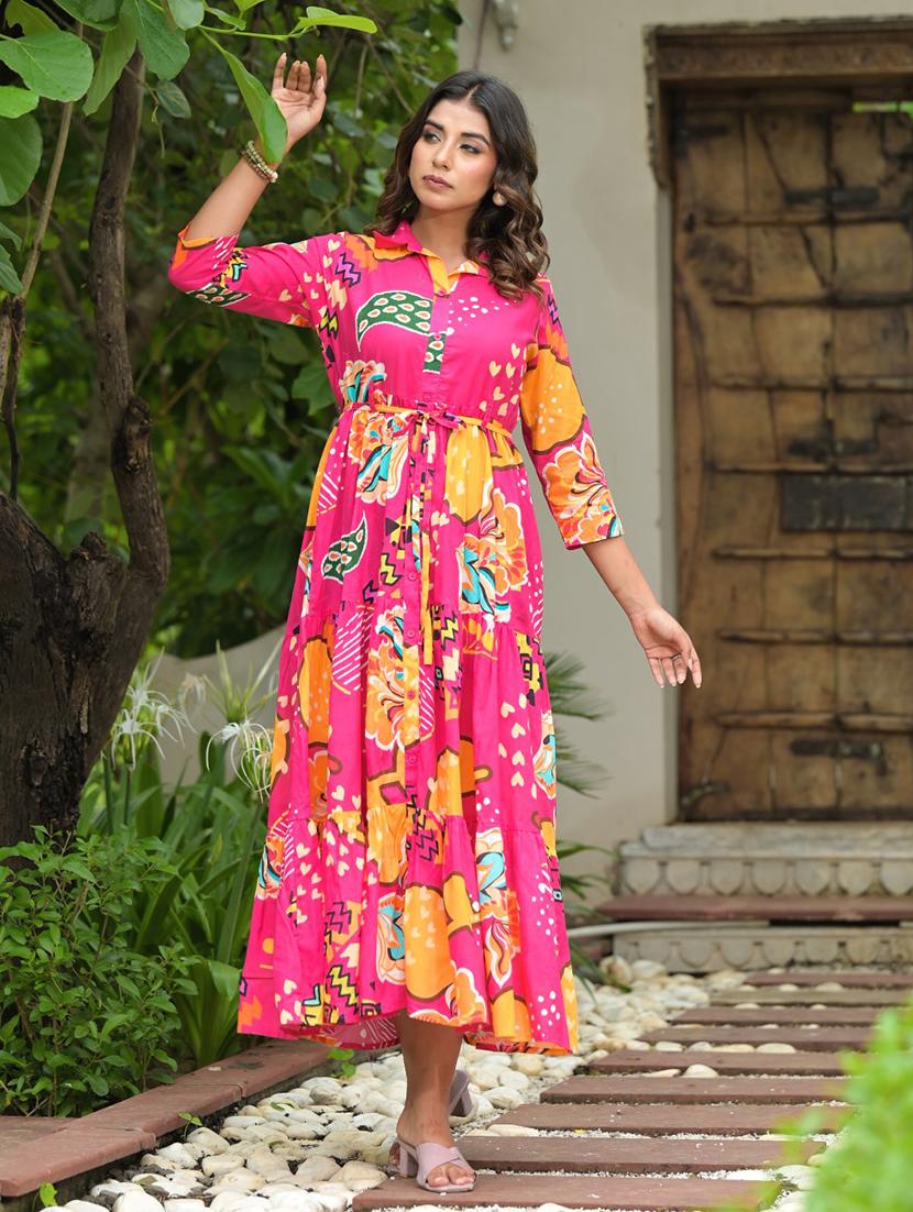 fuchsia cotton tiered ethnic dress - 21391954 - Standard Image - 2