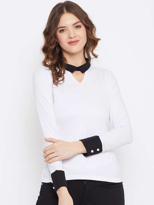 women white cotton blend regular top - 21392306 - Standard Image - 0