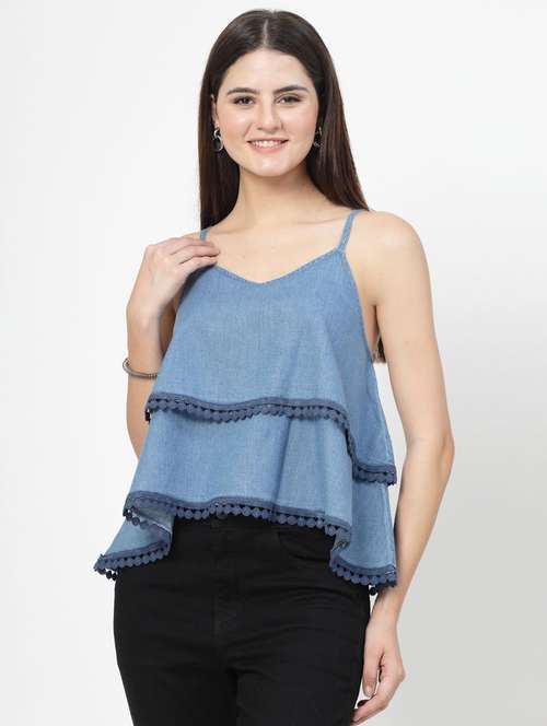 women blue cotton blend layered top - 21392336 - Standard Image - 0
