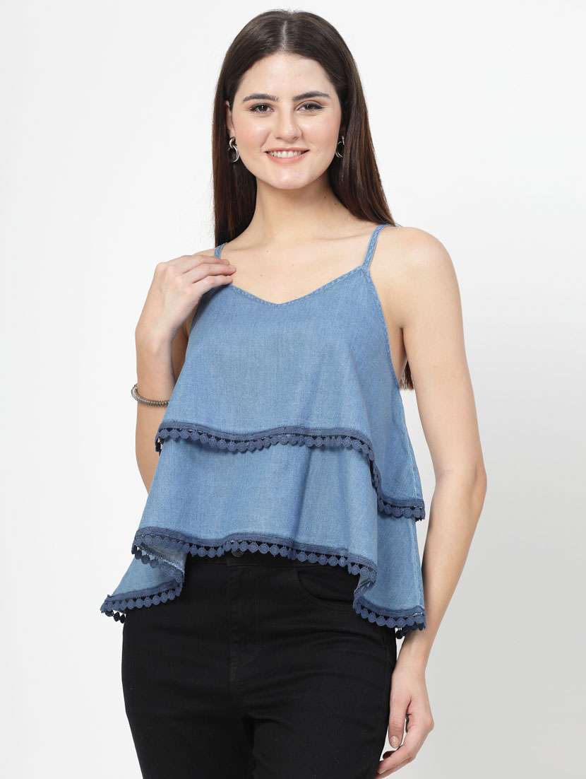 women blue cotton blend layered top - 21392336 - Zoom Image - 0