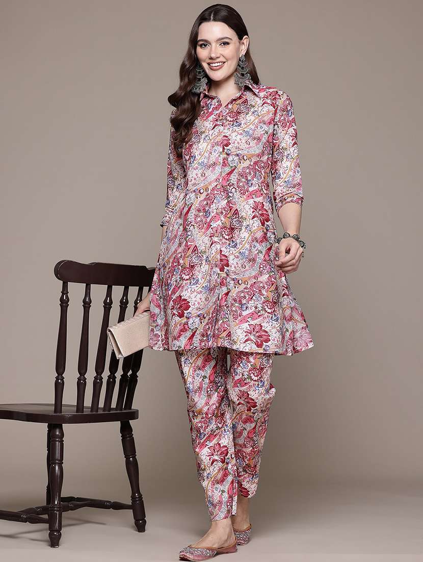 women shirt collar printed co-ord set