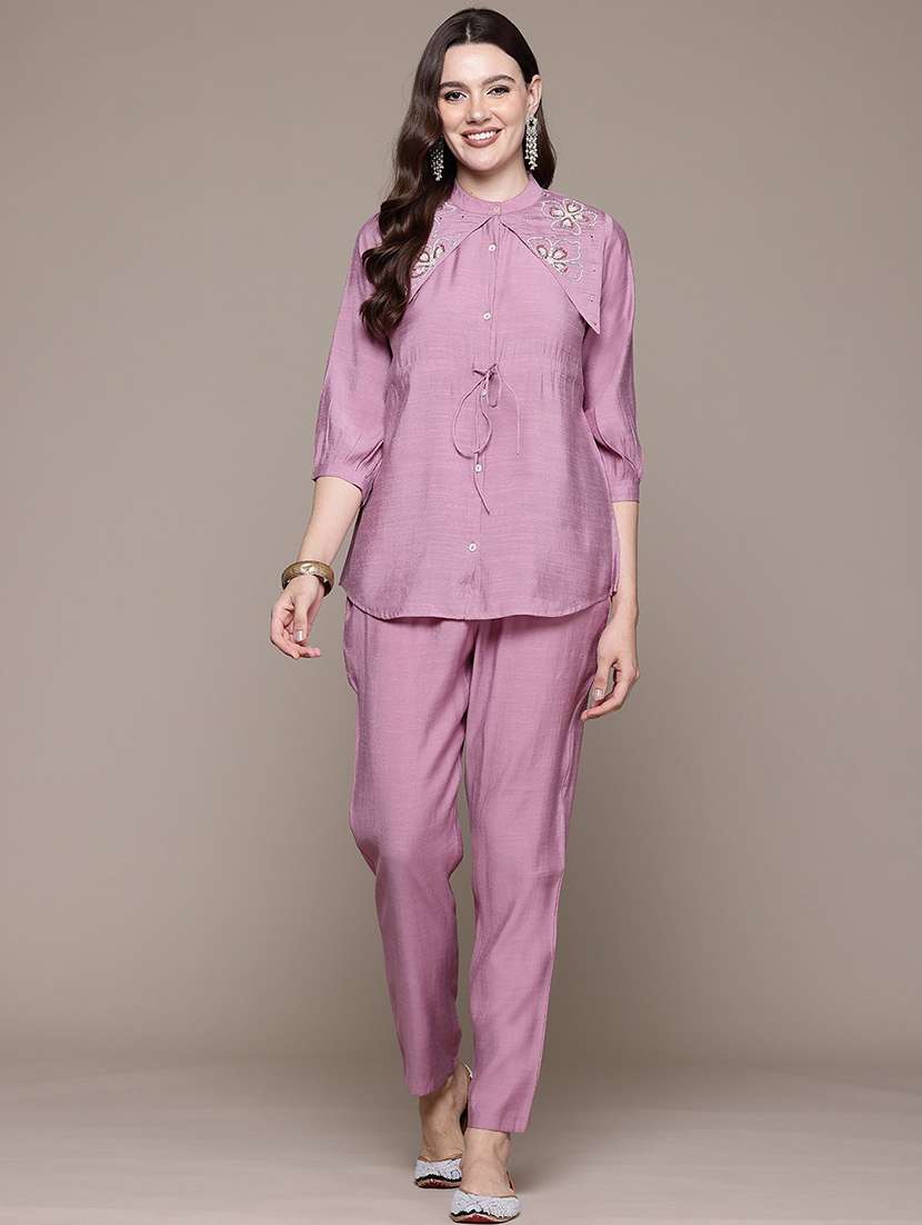 women mauve mandarin neck co-ord sets - 21393231 -  Standard Image - 2
