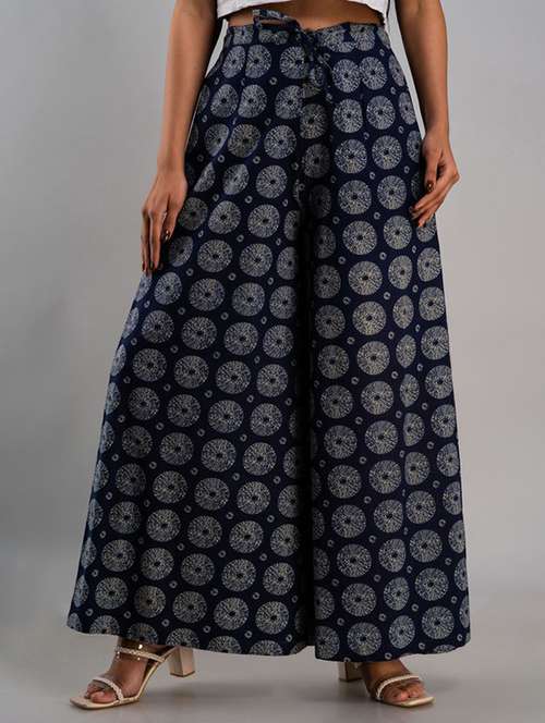 women navy blue cotton blend palazzo - 21393265 -  Standard Image - 0