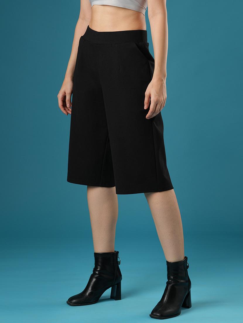 globus women black mid rise stretchable relaxed fit flat front slip-on culottes - 21393555 - Standard Image - 2