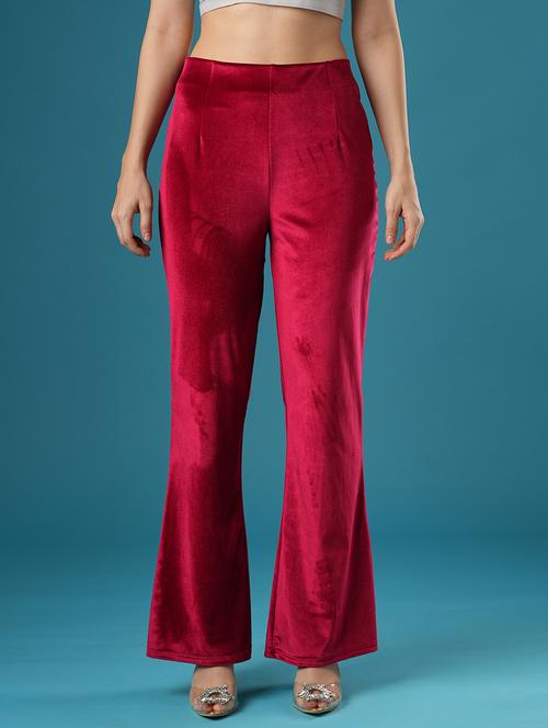 globus women red velvet mid rise stretchable slim fit flared party treggings - 21393558 -  Standard Image - 0