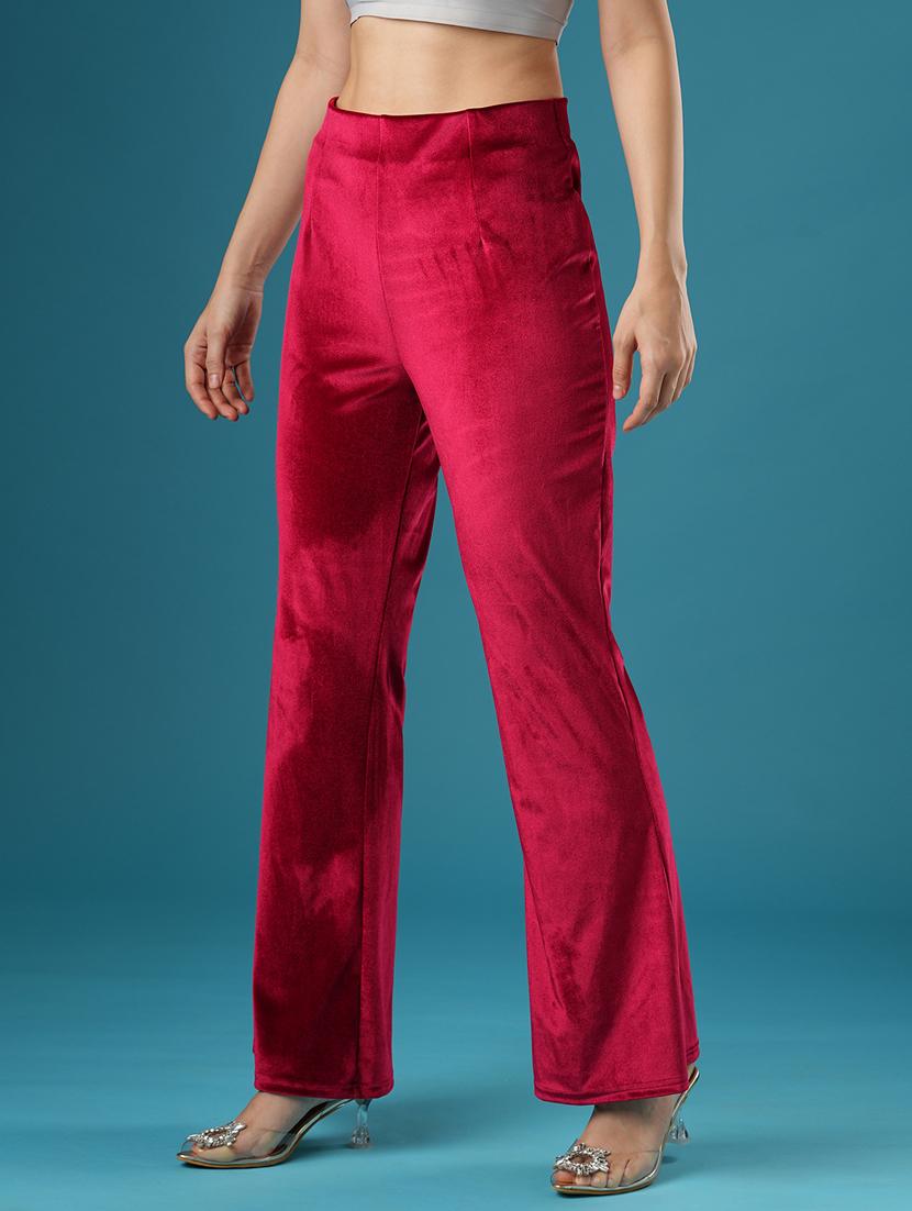 globus women red velvet mid rise stretchable slim fit flared party treggings - 21393558 - Standard Image - 2