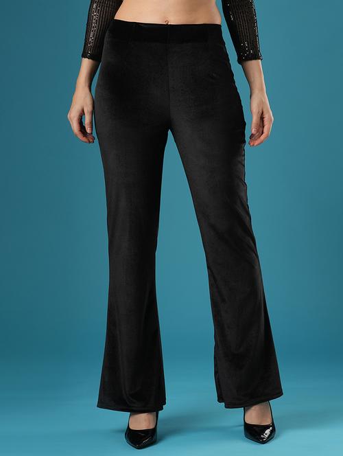 globus women black velvet mid rise stretchable slim fit flared party treggings - 21393559 - Standard Image - 0