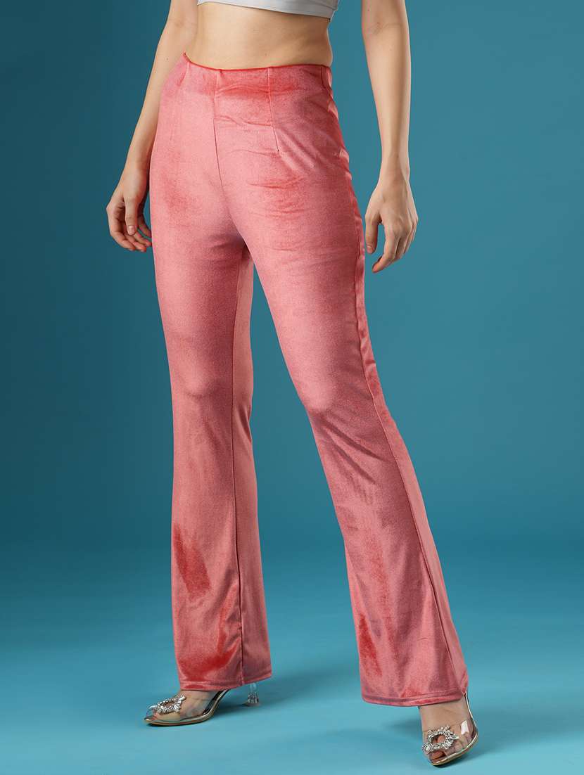 globus women peach velvet mid rise stretchable slim fit flared party treggings - 21393561 - Standard Image - 2