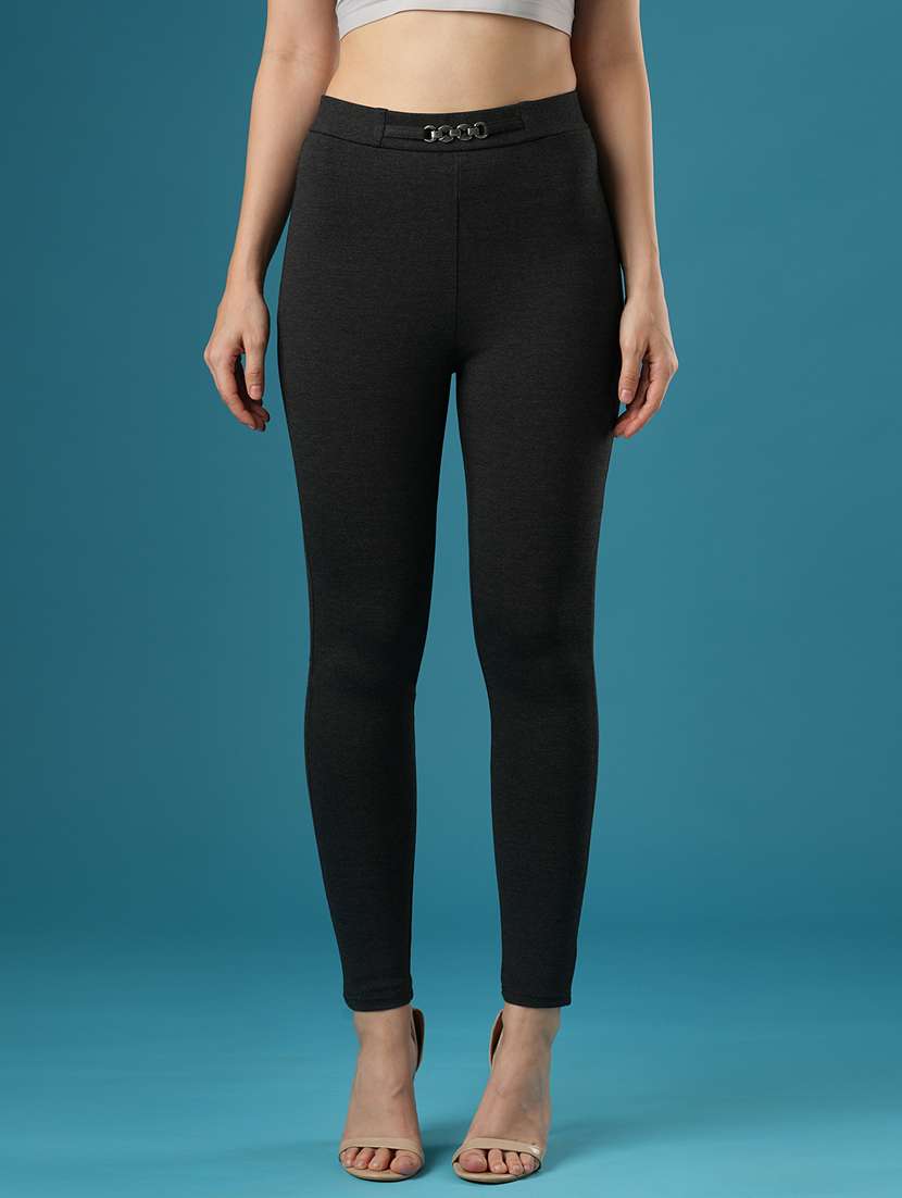 globus women grey melange mid rise stretchable skinny fit workwear treggings