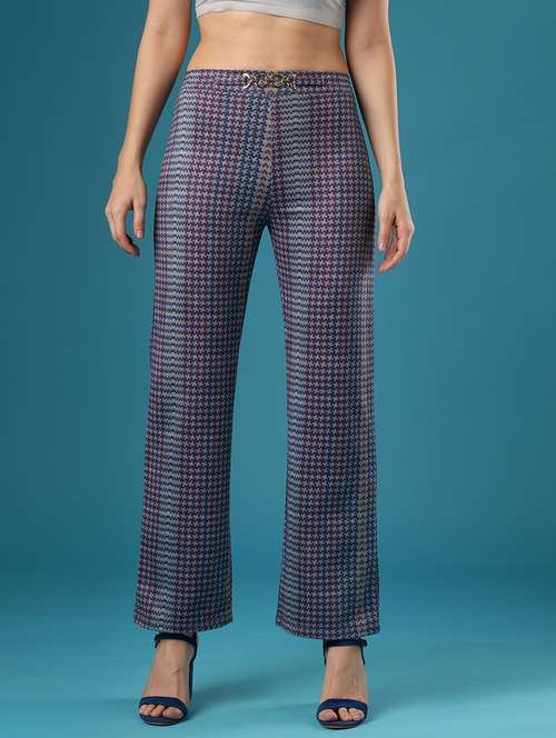 globus women navy blue canvas hazzy printed mid rise stretchable straight fit workwear treggings - 21393572 -  Standard Image - 0