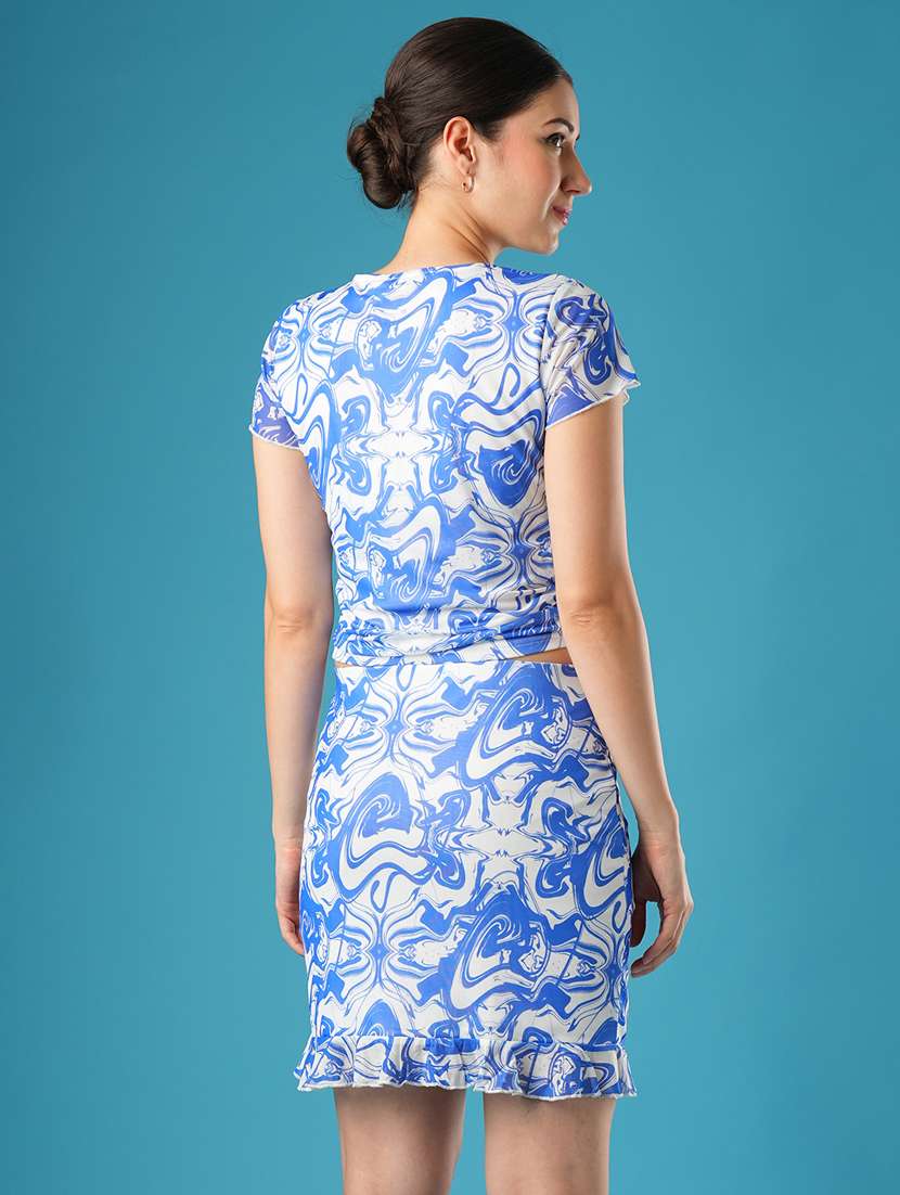 globus women blue abstract printed side ruched top & flounce hem mini pencil skirt co-ord set - 21393579 -  Standard Image - 2