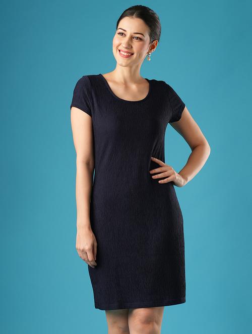 globus women navy blue round neck short sleeves knitted self textured workwear sheath dress - 21393581 - Standard Image - 0