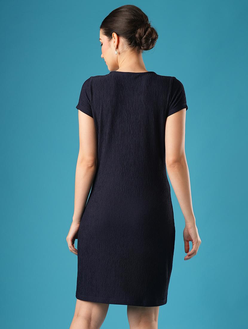 globus women navy blue round neck short sleeves knitted self textured workwear sheath dress - 21393581 - Standard Image - 2