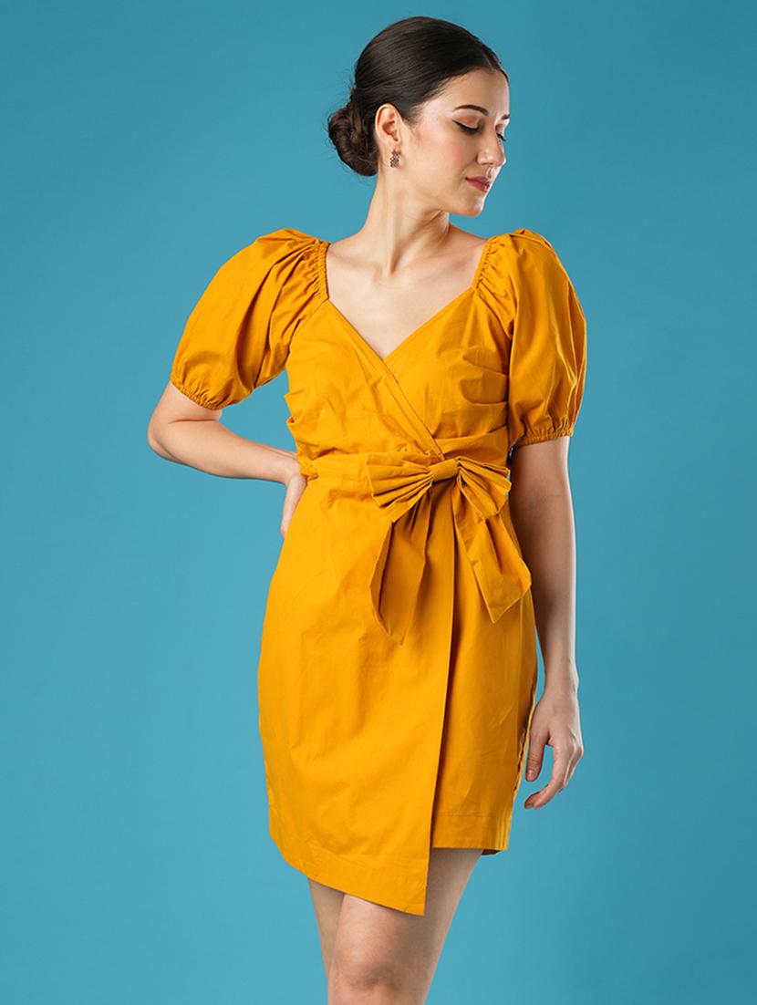 globus women mustard wrap neck puff sleeves bow detail waist tie-up mini bodycon dress - 21393582 - Zoom Image - 0