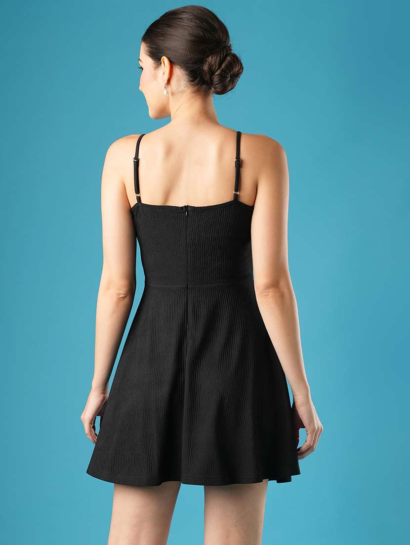 globus women black self textured stretchable v-neck adjustable shoulder straps fit & flare party dress - 21393583 -  Standard Image - 2