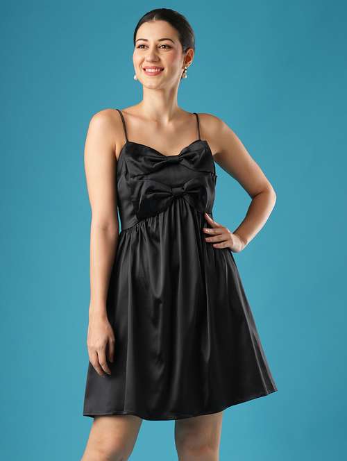 globus women black sweetheart neck shoulder straps bow detail gathered a-line party dress - 21393587 - Standard Image - 0