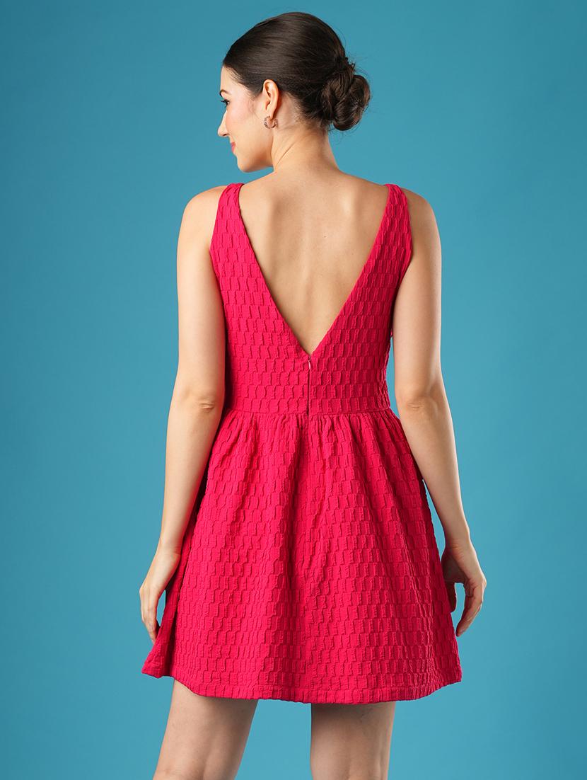 globus women pink structured fabric boat neck with stylised back gathered fit & flare party dress - 21393588 - Standard Image - 2