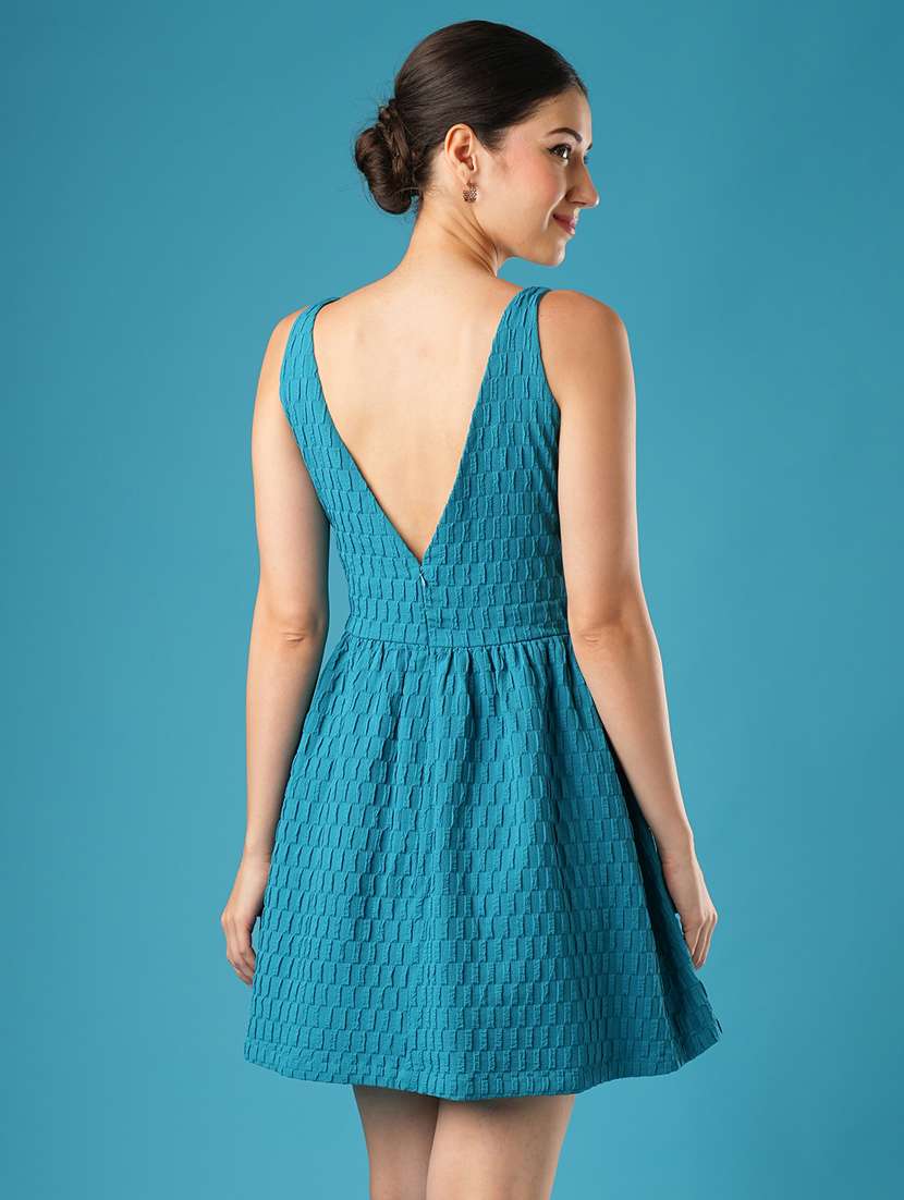 globus women blue structured fabric boat neck with stylised back gathered fit & flare party dress - 21393589 -  Standard Image - 2