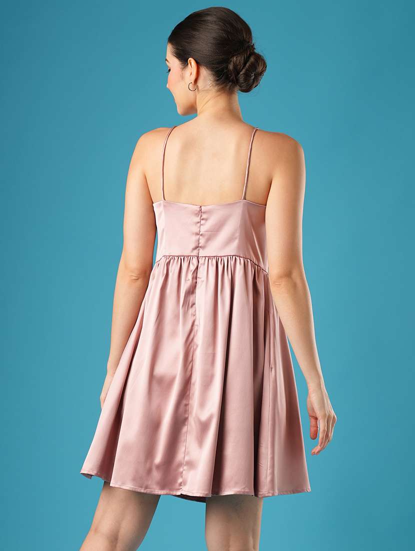 globus women taupe sweetheart neck shoulder straps bow detail gathered a-line party dress - 21393591 -  Standard Image - 2