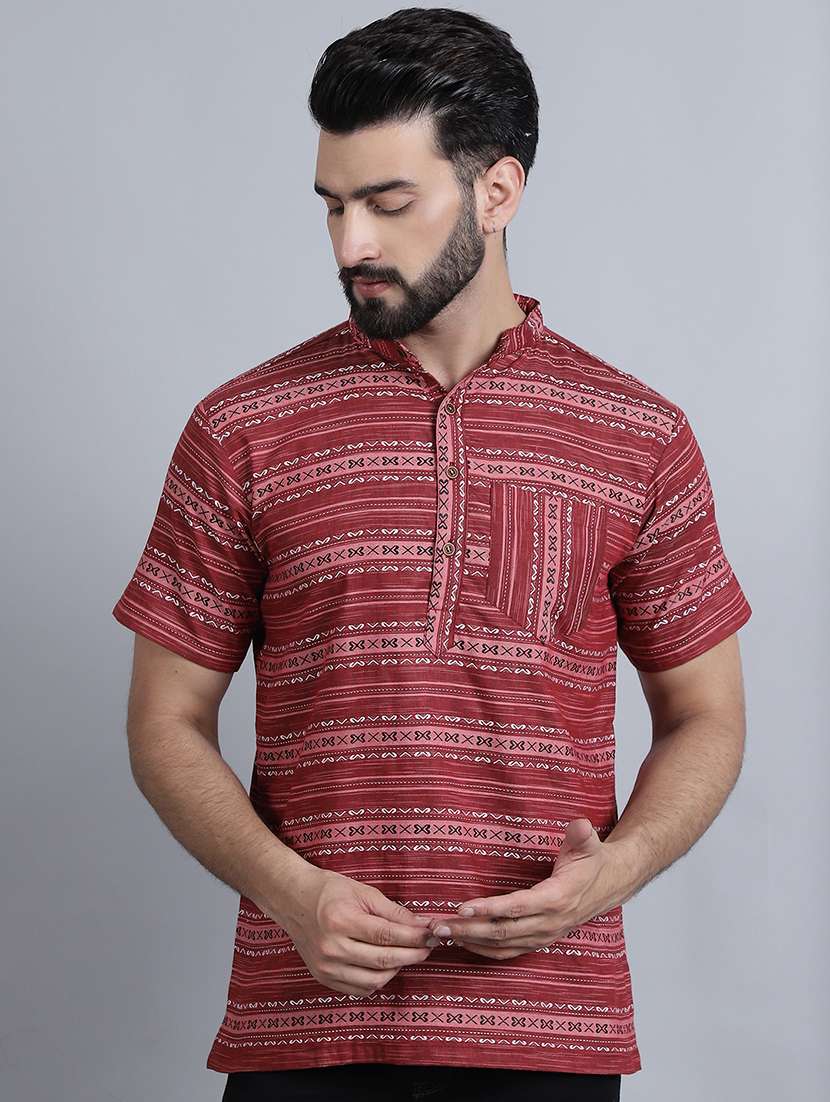 men mandarin neck printed short kurta