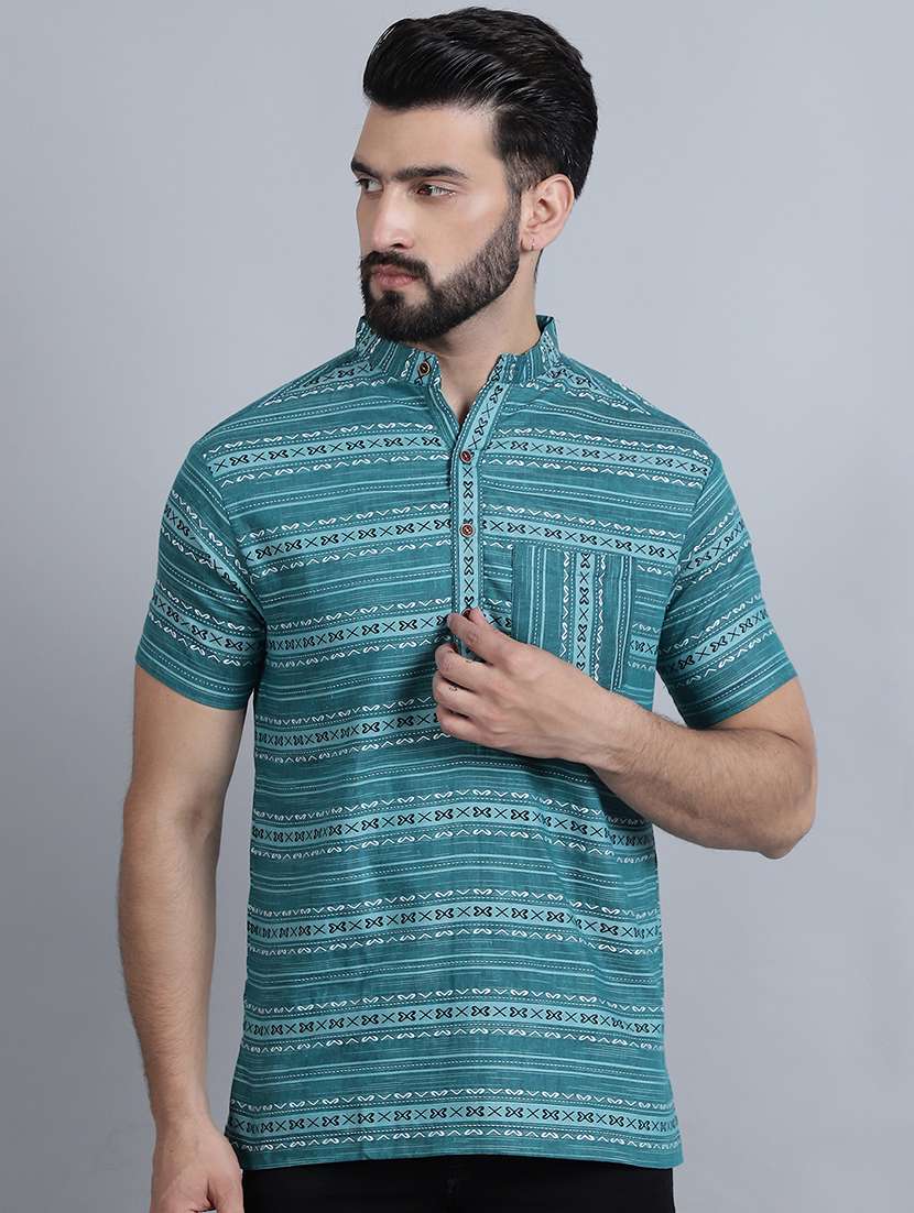 men mandarin neck printed short kurta