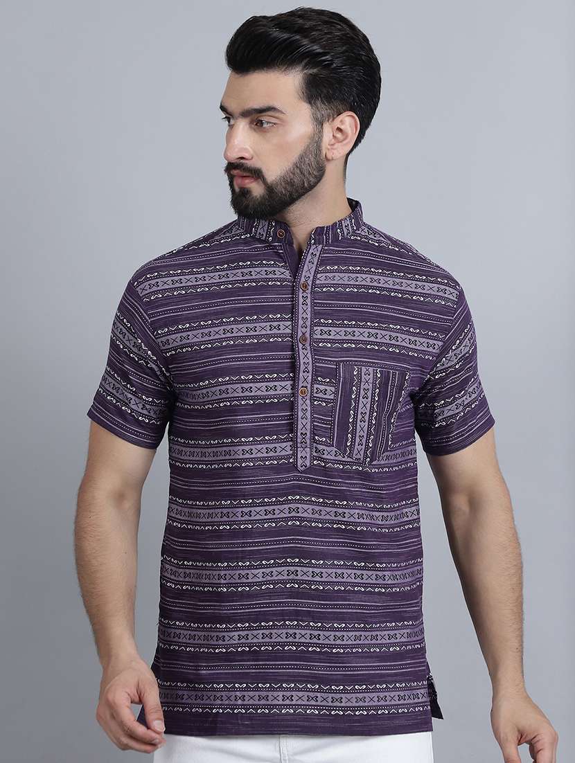 men mandarin neck printed short kurta