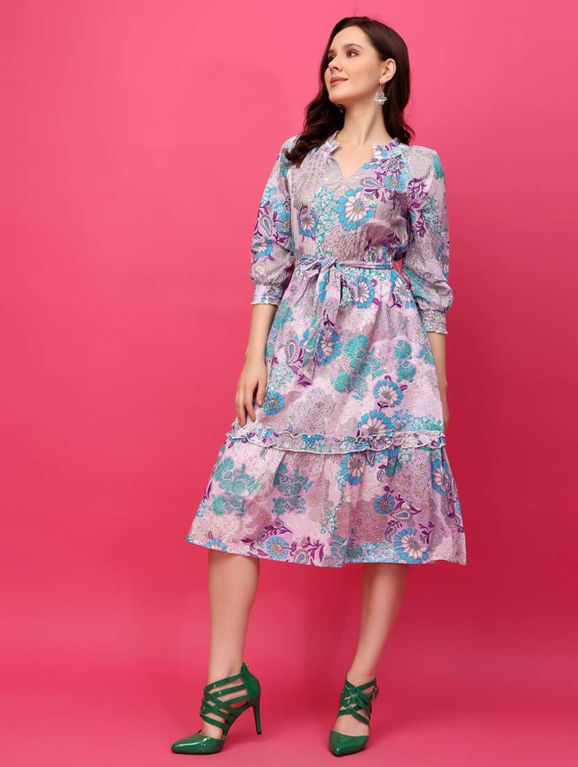 women purple florals printed fit & flare dress