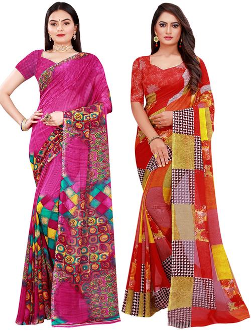 pack of 2 printed casual wear saree with blouse - 21395780 - Standard Image - 0