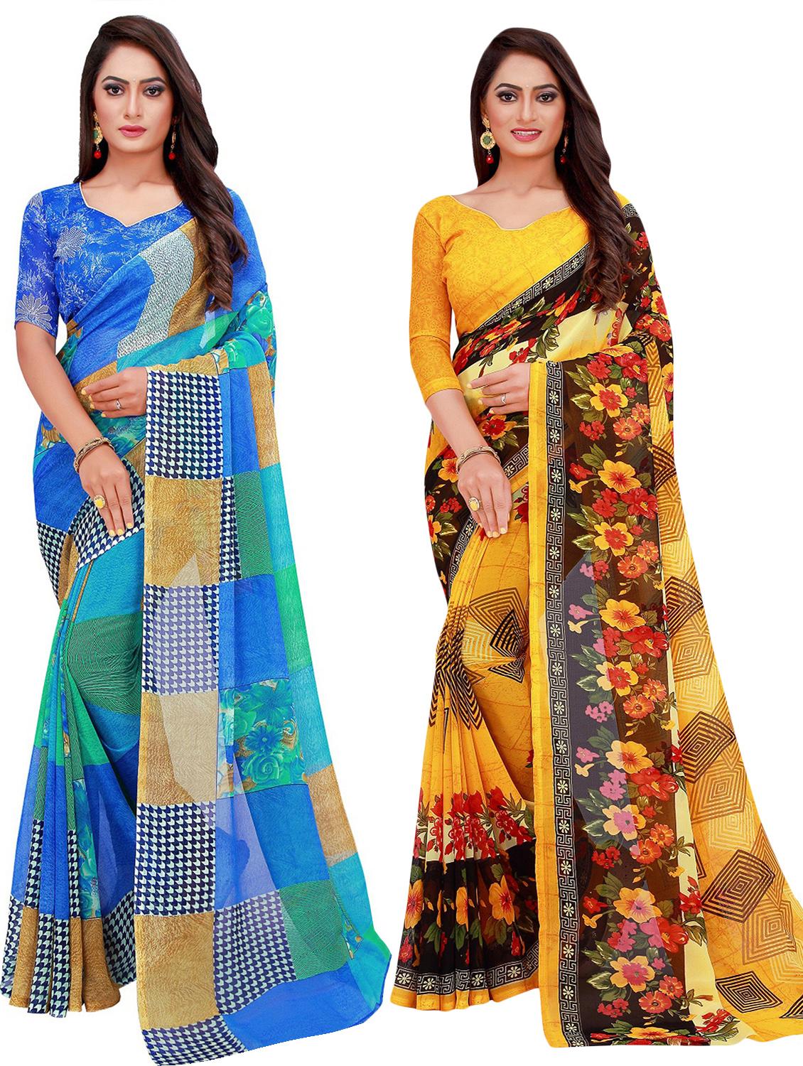 pack of 2 printed casual wear sarees with blouse - 21395901 -  Zoom Image - 0