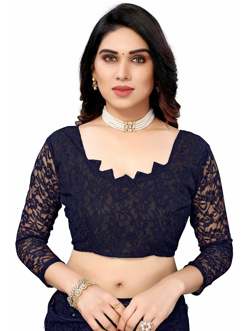navy blue self design lace saree with blouse - 21396514 - Standard Image - 2