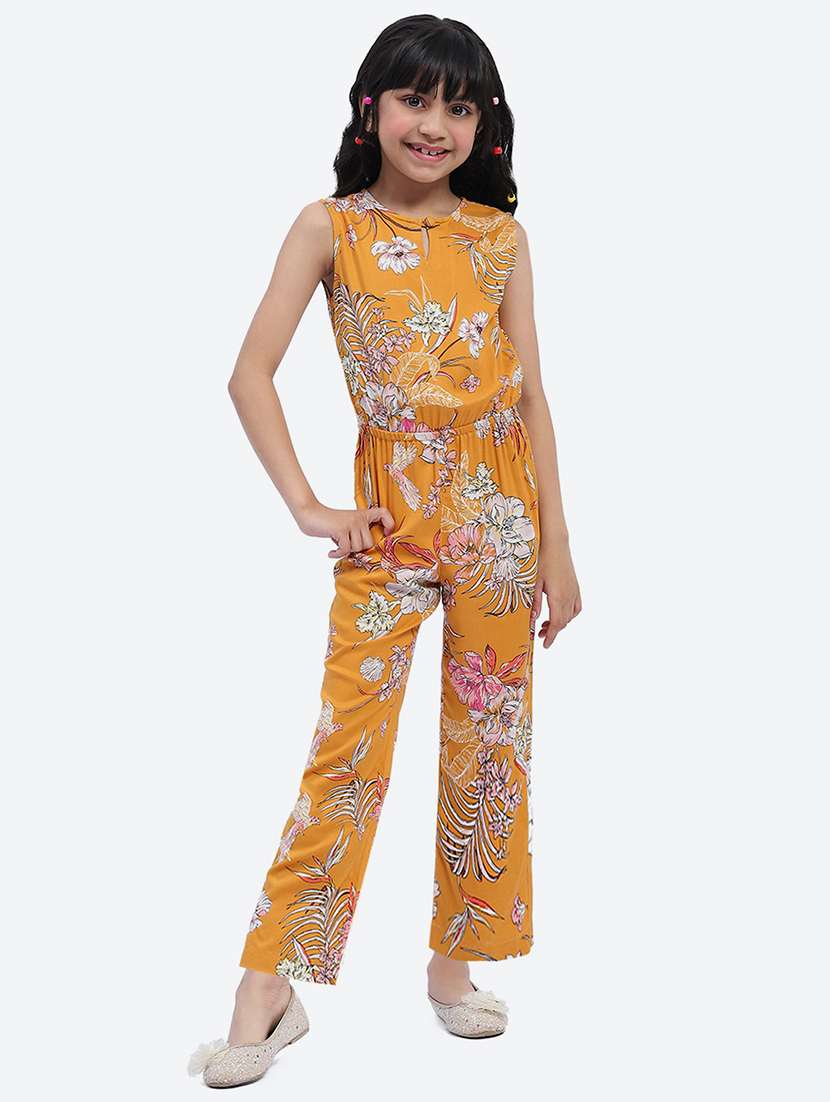 girls mustard printed cotton jumpsuit