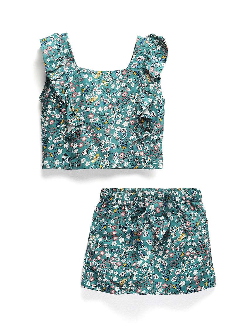 girls green printed cotton shorts set