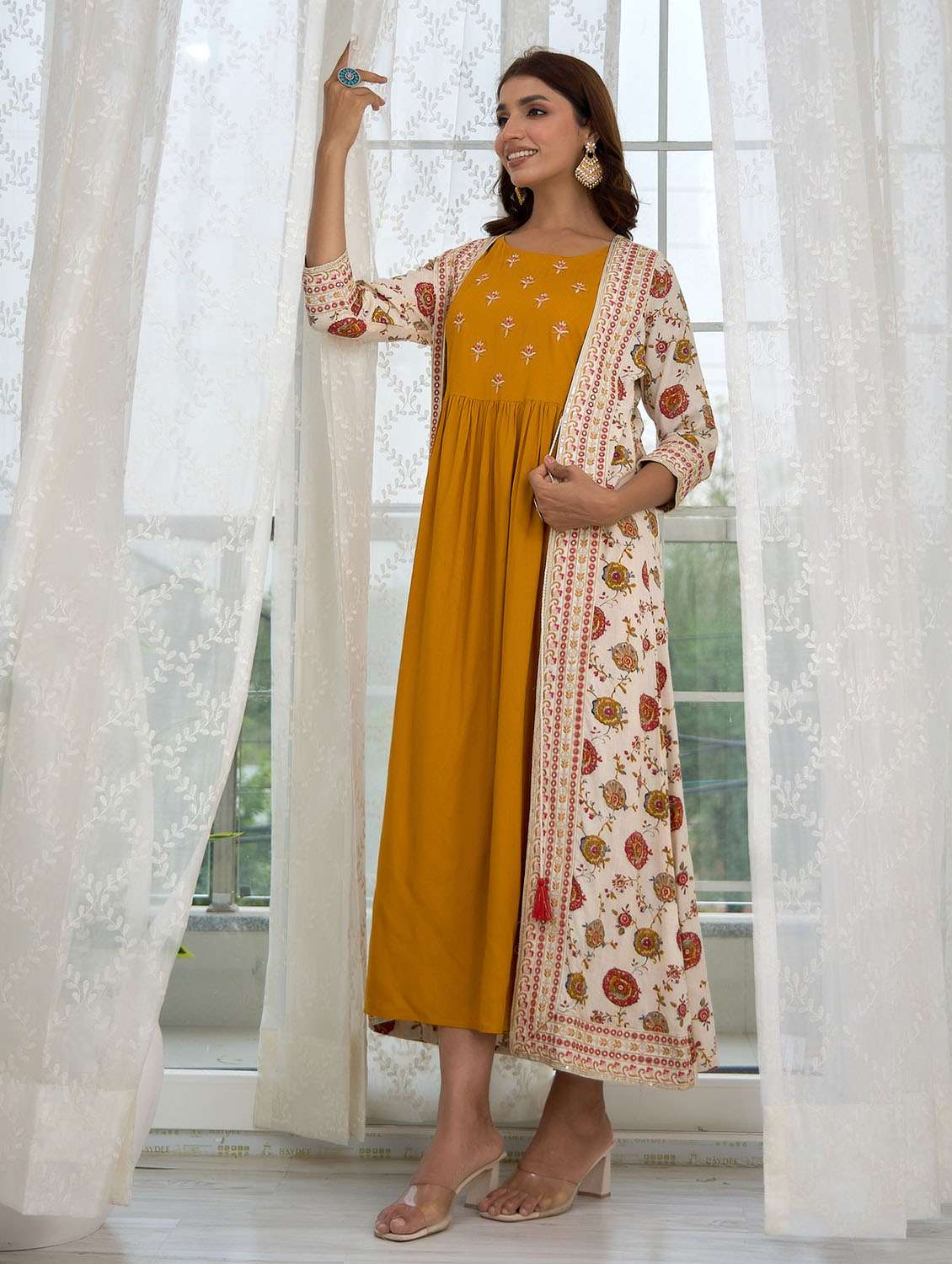women mustard embroidered a-line dress - 21398736 -  Standard Image - 2