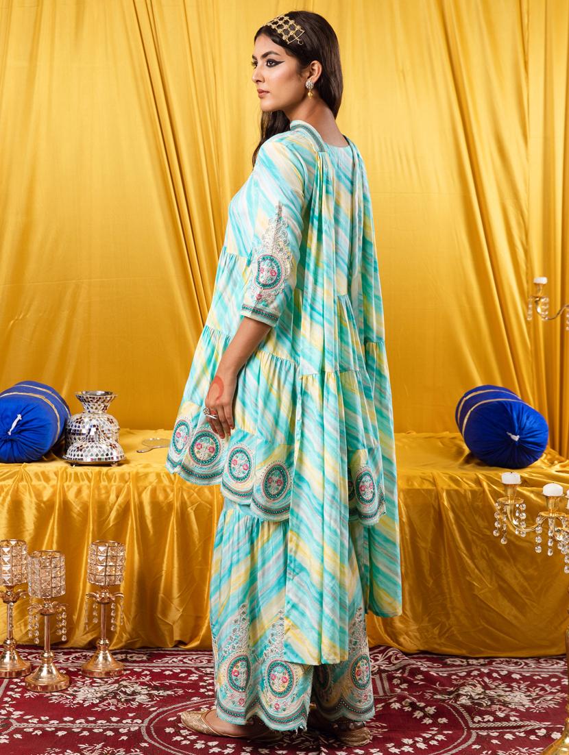turquoise printed kurta sharara suit set - 21398879 - Standard Image - 2