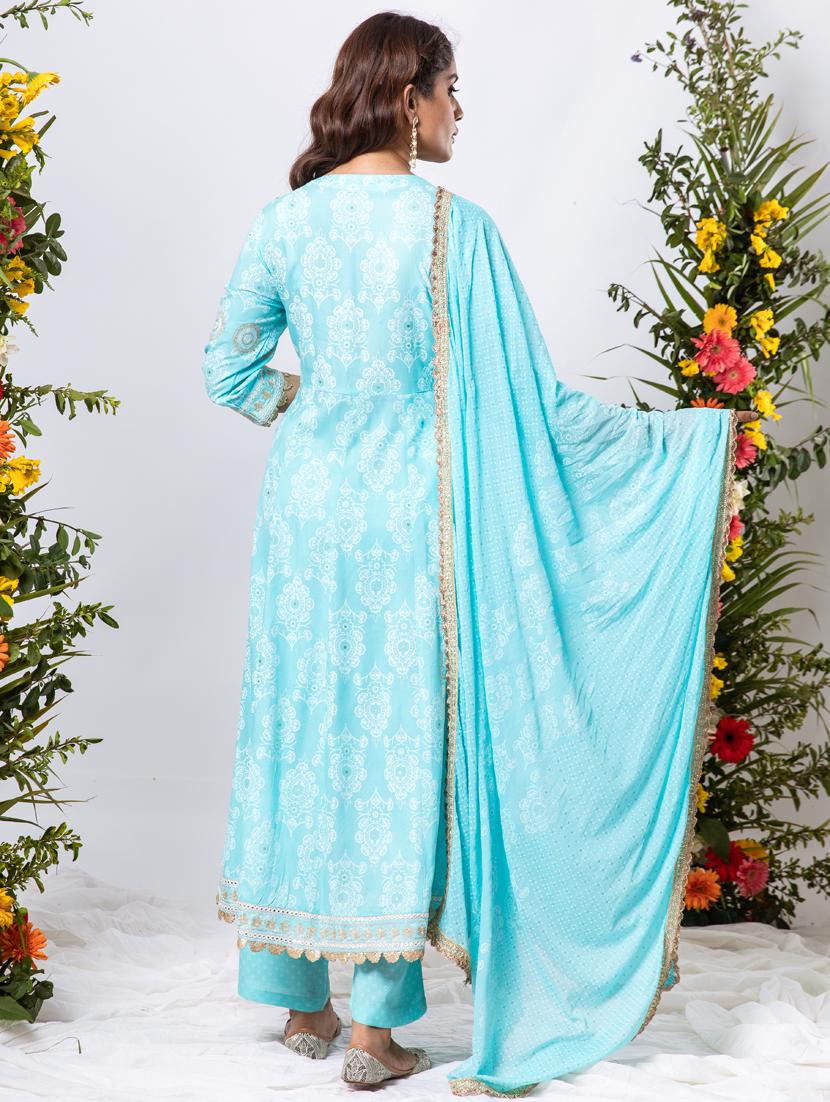 turquoise printed kurta pant suit set - 21398886 - Standard Image - 2
