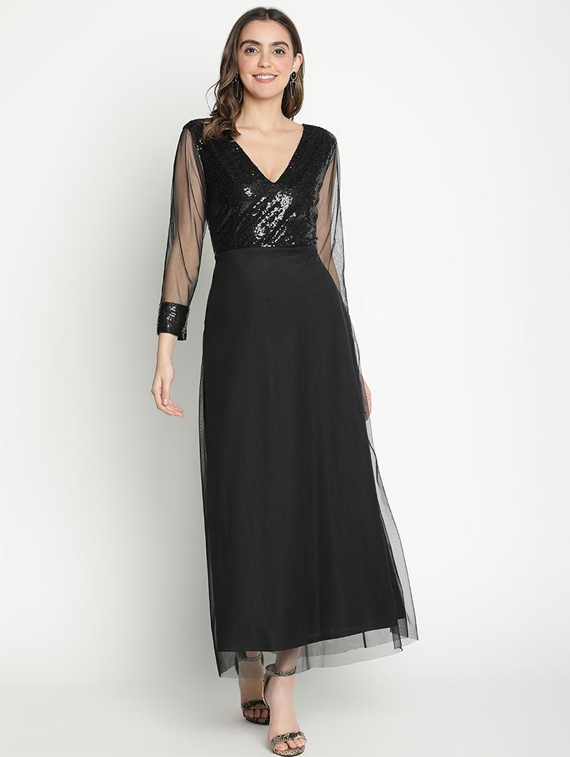 black sequine long sleeves a-line dress - 21399307 -  Zoom Image - 0