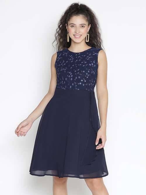 blue self-designed fit & flare dress - 21399325 - Standard Image - 0