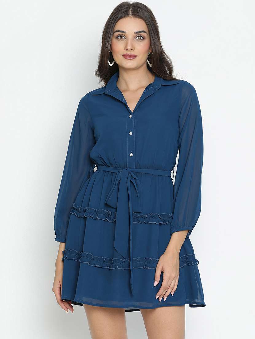 blue solid tiered dress