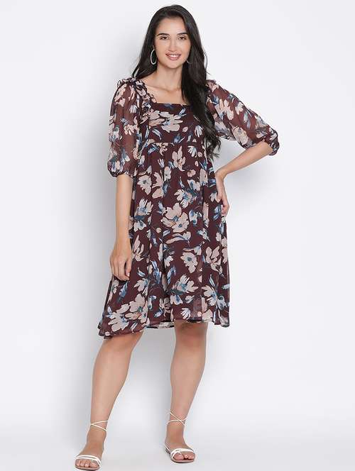 women brown polyester a-line dress - 21399355 - Standard Image - 0