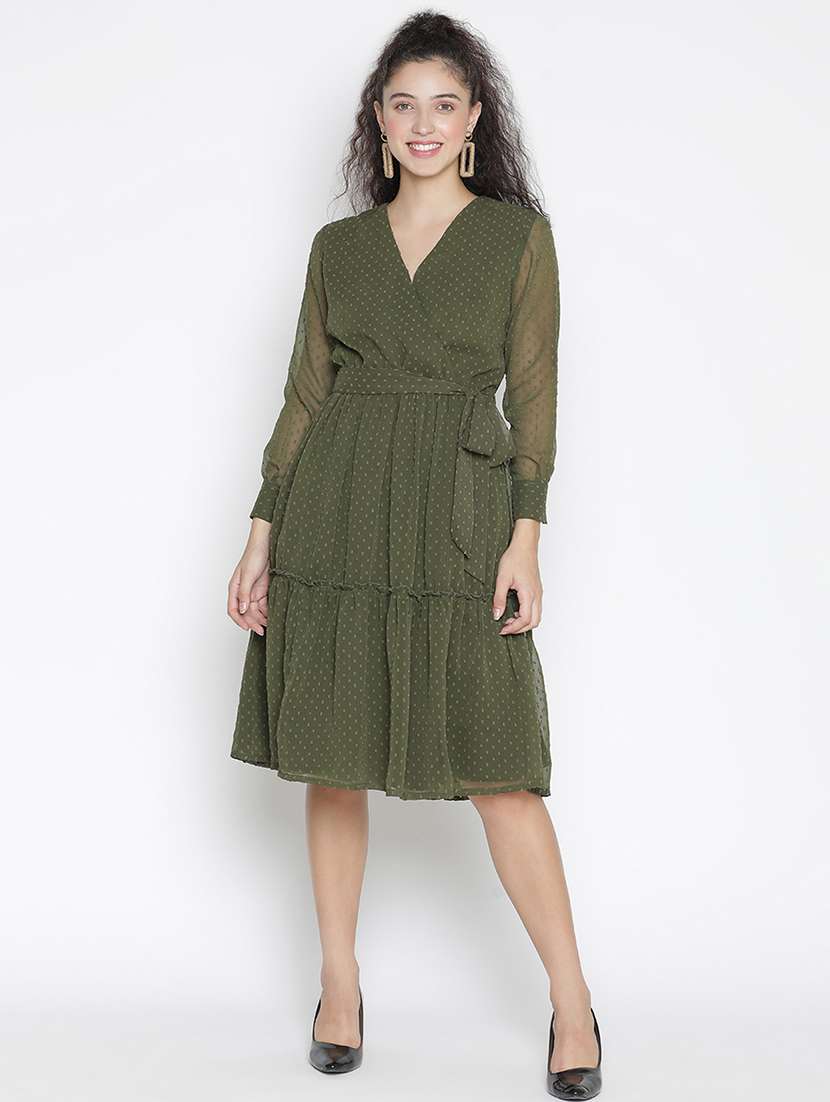 women olive polyester fit & flare dress