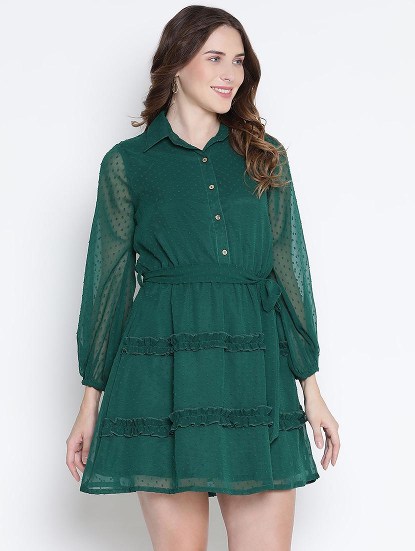 women bottle green polyester fit & flare dress - 21399364 - Standard Image - 2