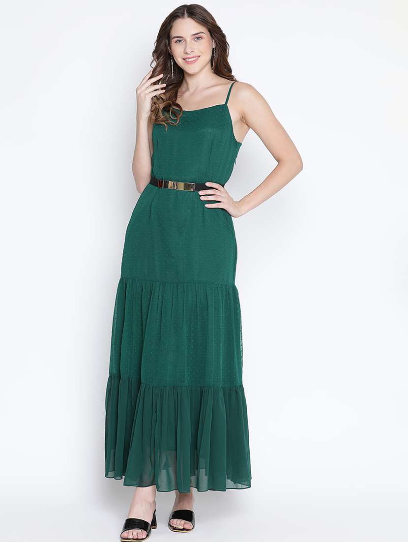 women bottle green polyester tiered dress
