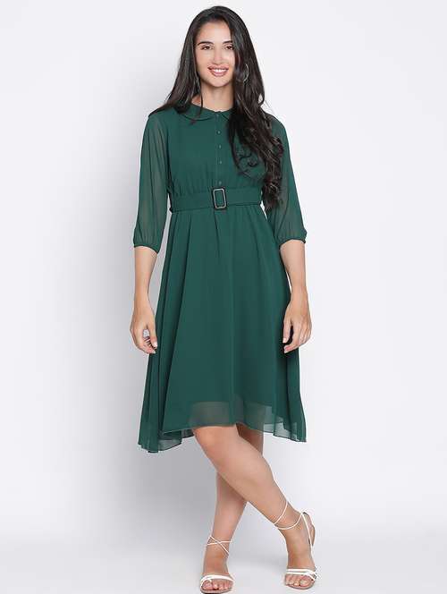 women bottle green polyester a-line dress - 21399373 -  Standard Image - 0
