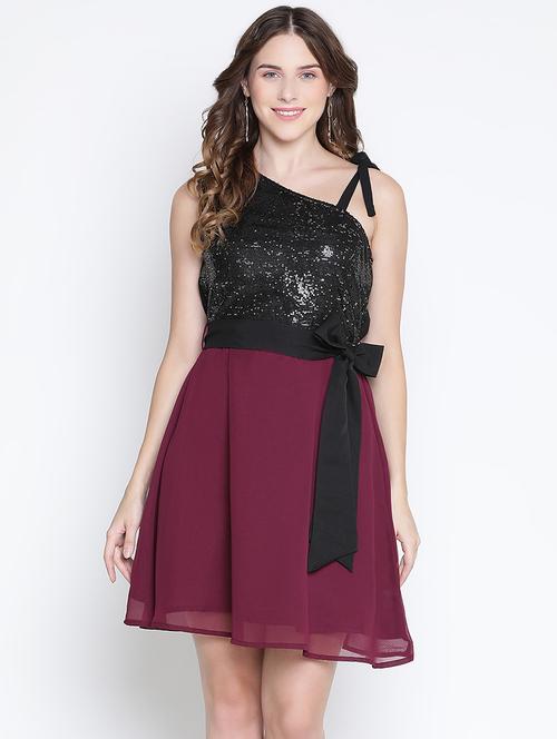 women sequin asymmetric neck fit & flare dress - 21399385 - Standard Image - 0
