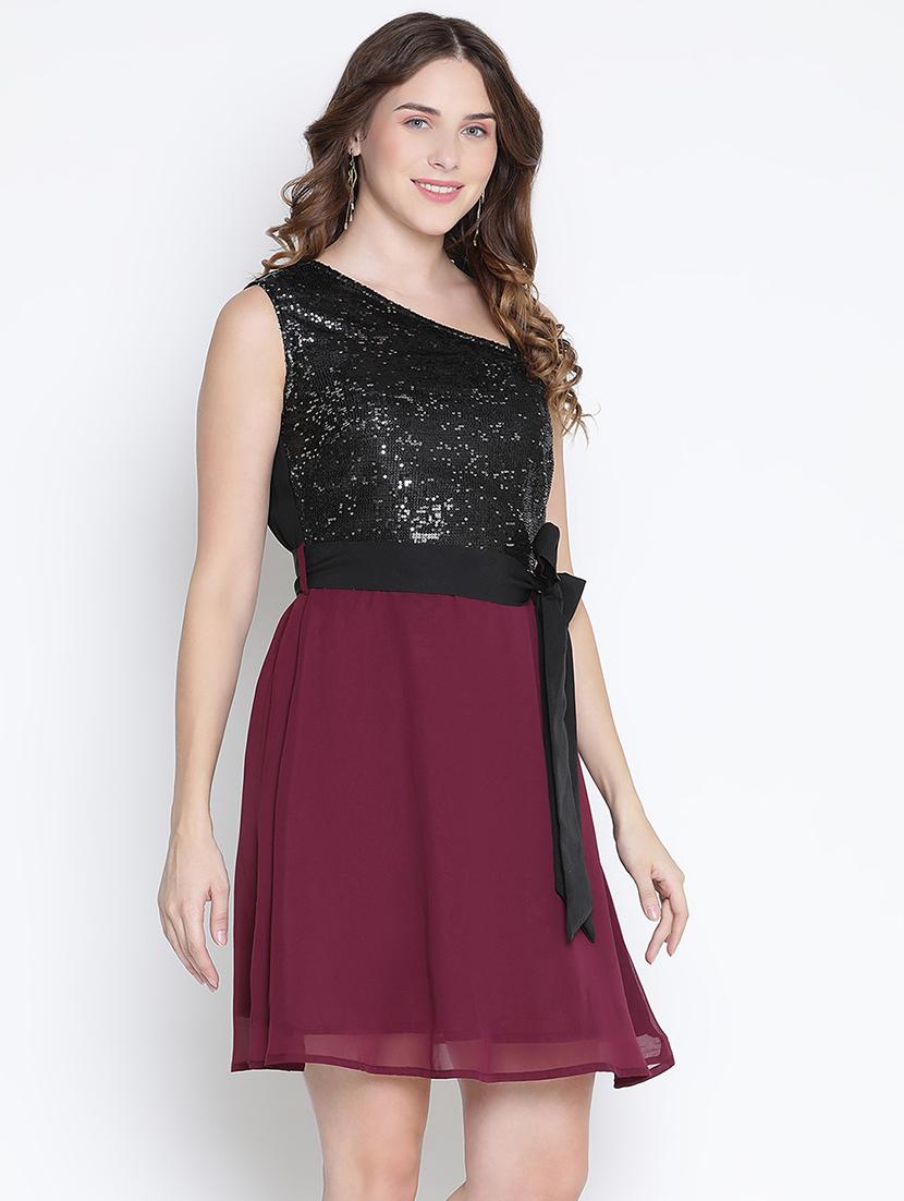 women sequin asymmetric neck fit & flare dress - 21399385 - Standard Image - 2