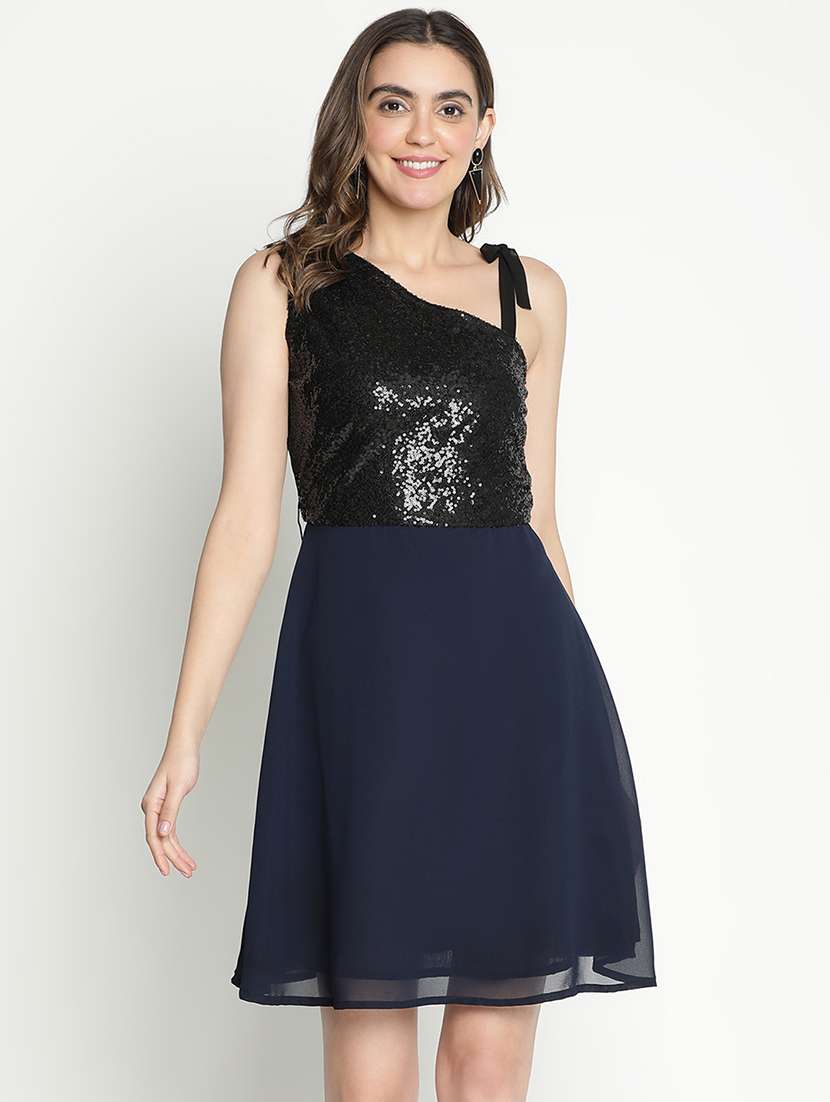 women navy blue polyester a-line dress