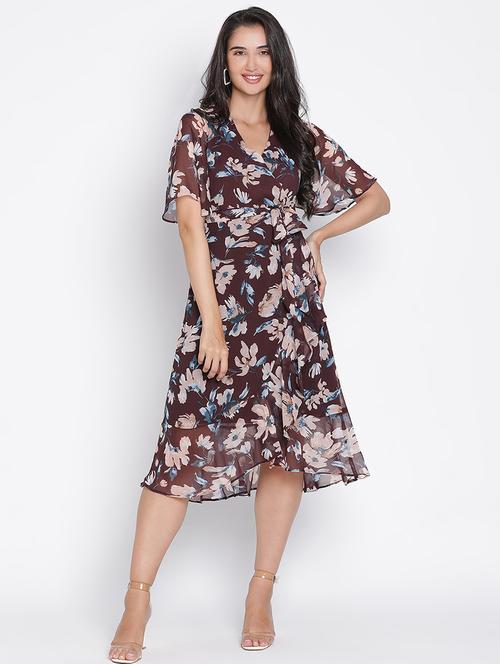 women brown polyester wrap dress - 21399396 - Standard Image - 0