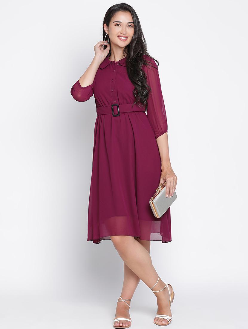 women maroon polyester fit & flare dress