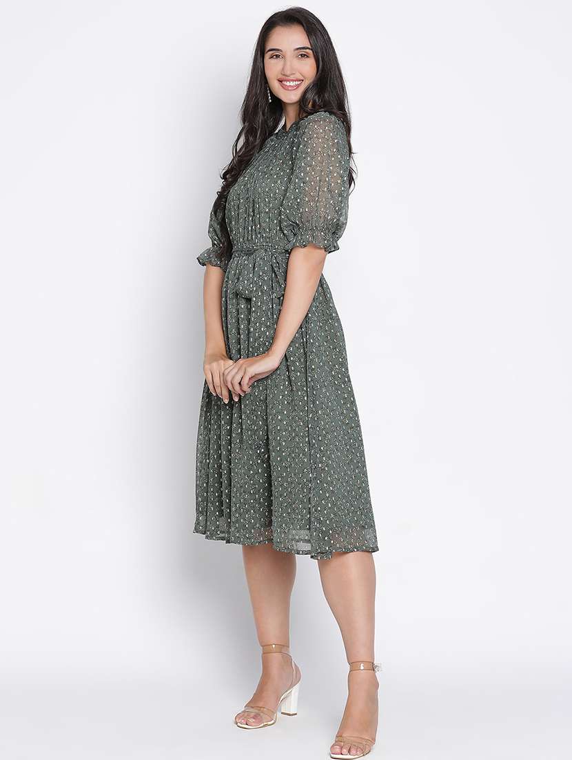 green printed fit & flare dress - 21399417 -  Standard Image - 2